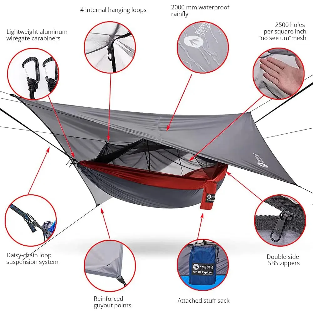 118" x 79" Double Camping Hammock Heavy-Duty with Rainfly Cover & Mosquito Net