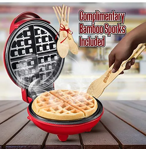 Burgess Brothers Mini Waffle Maker | Portable Electric Non-Stick Waffle Iron | Belgian Waffle Maker Makes 4 Inch Waffles | Includes Bamboo Sporks