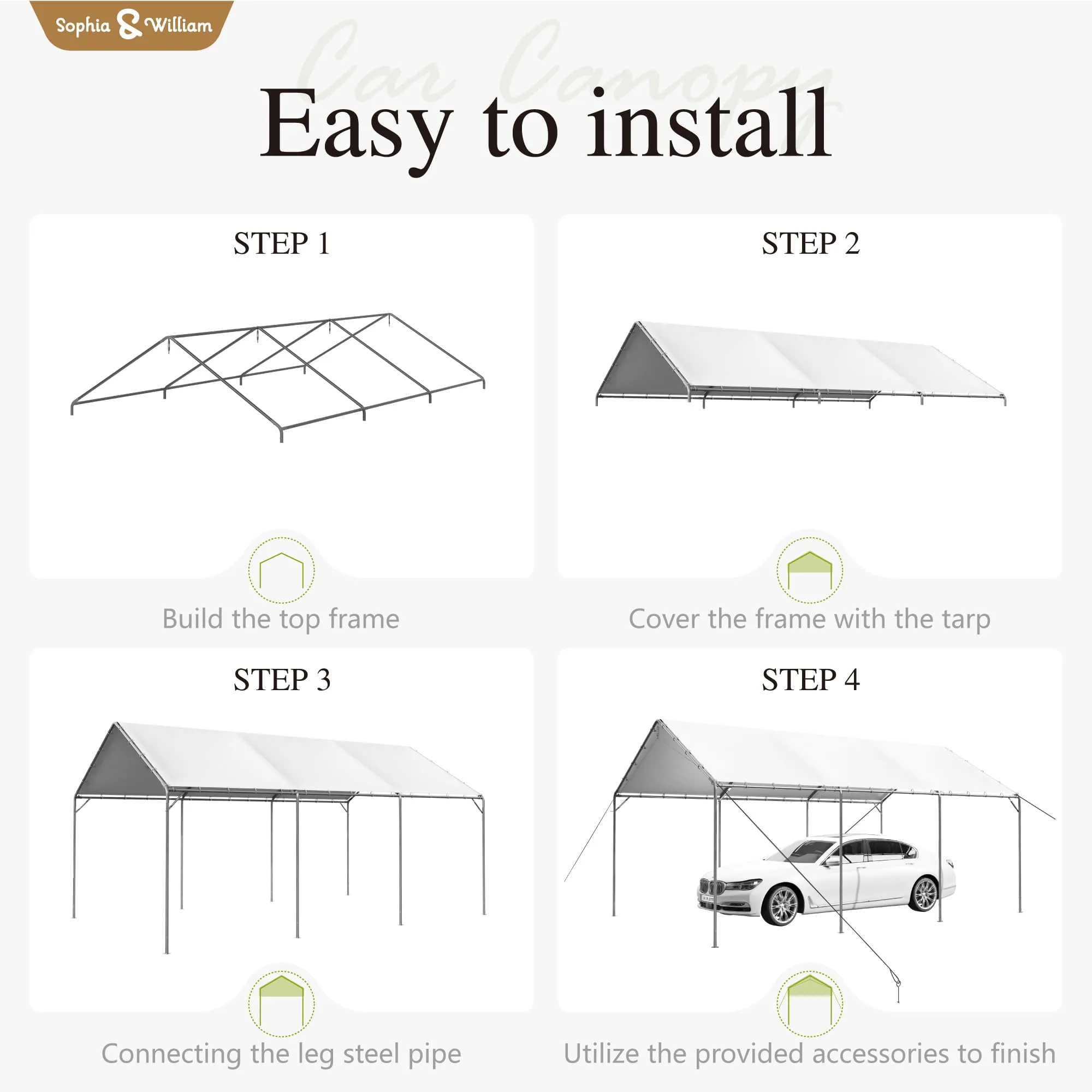 Carport Canopy 12x20 ft, Heavy Duty, Portable Garage, Adjustable Height, White