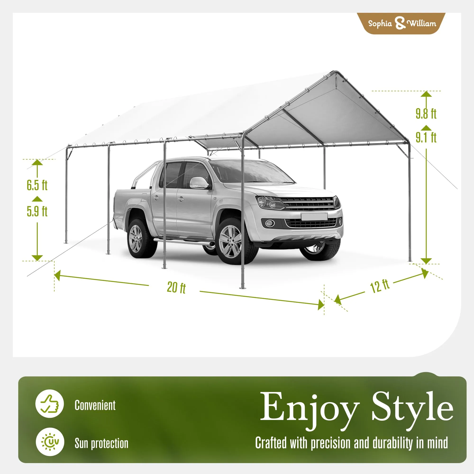 Carport Canopy 12x20 ft, Heavy Duty, Portable Garage, Adjustable Height, White