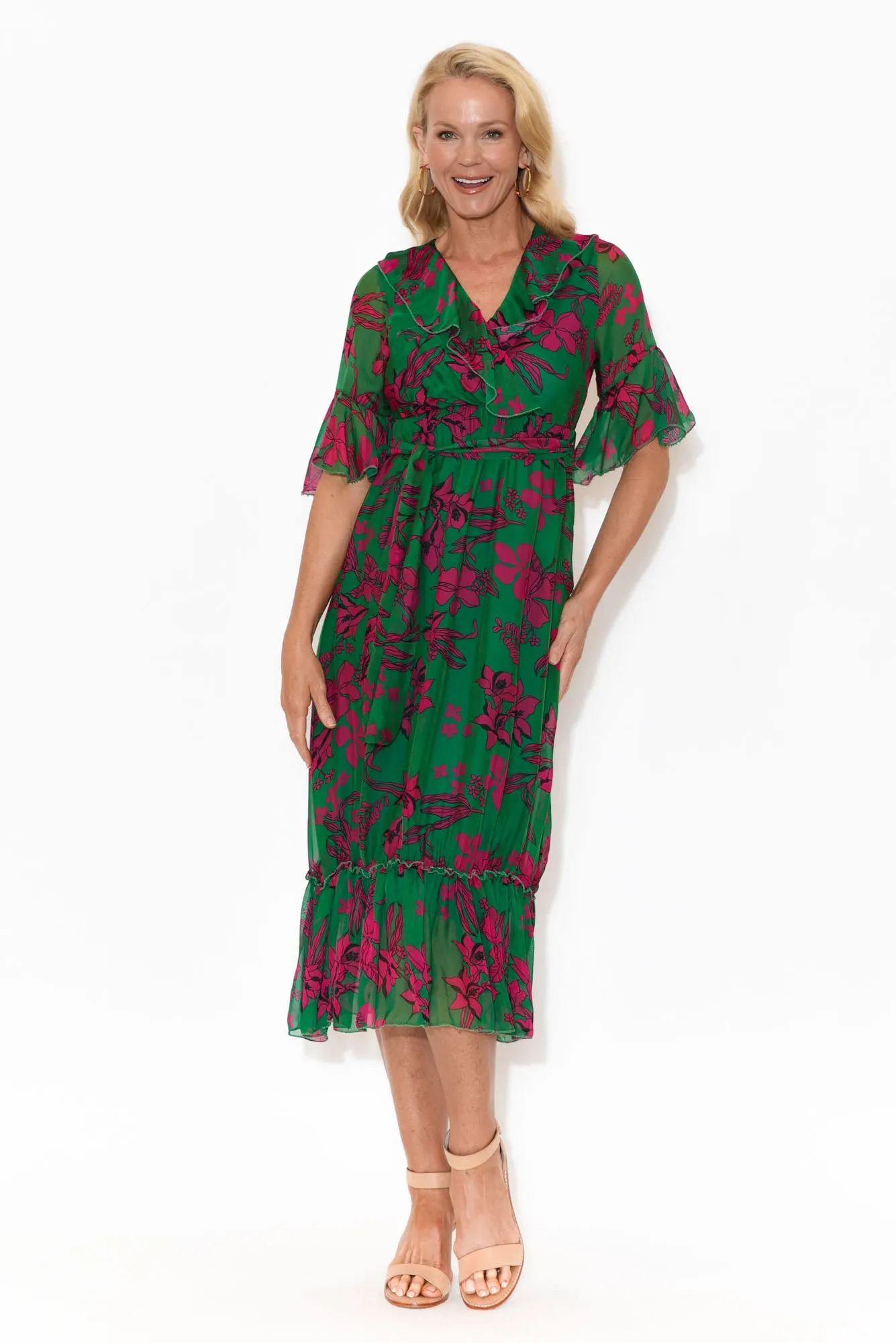 Charlotte Fuchsia Floral Silk Tie Dress