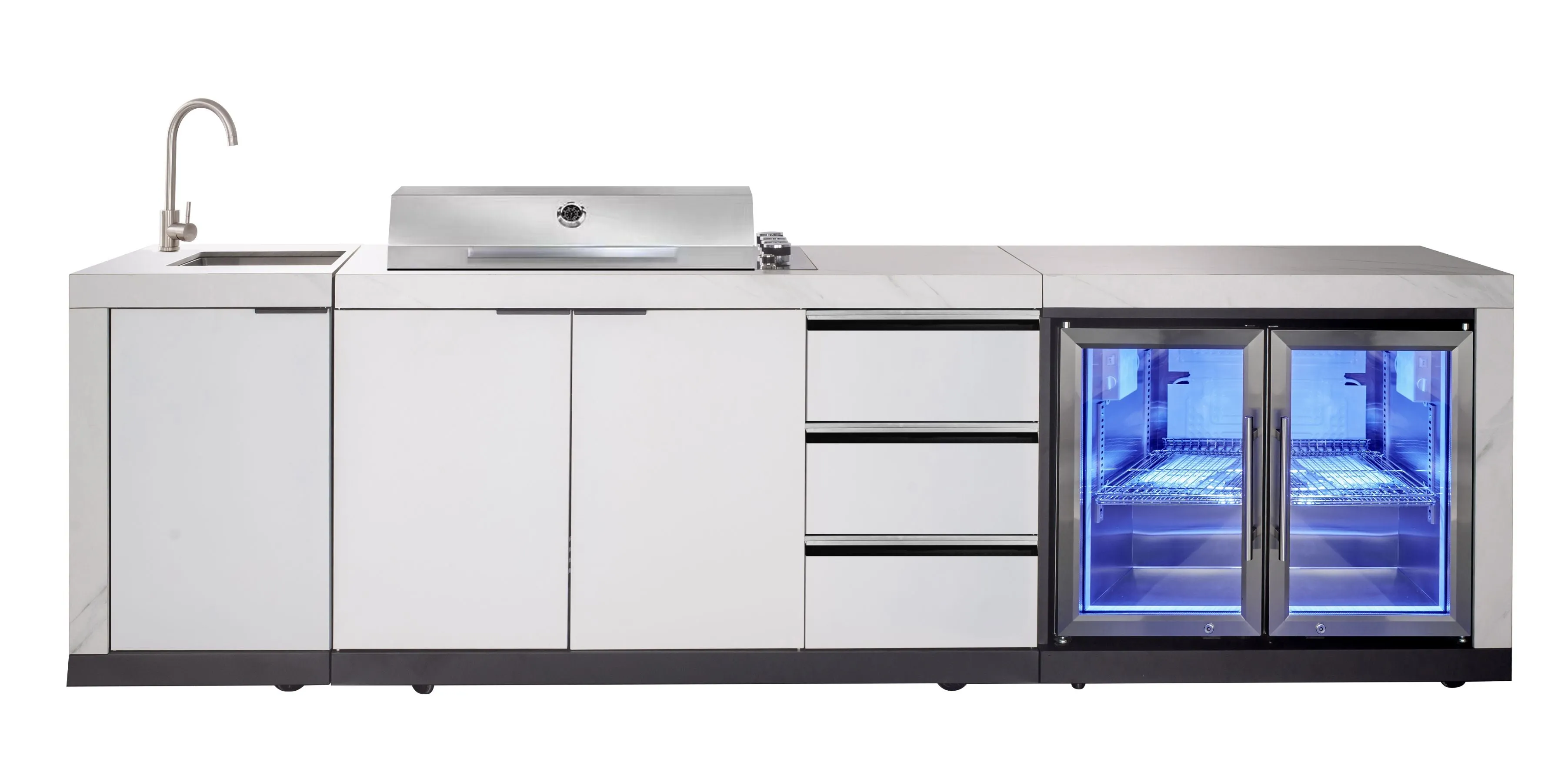 Rockpool 4B Flat Hood BBQ Kitchen | Teppanyaki BBQ Kitchen Package with Hampton Style White Cabinets, Stainless Steel Flat Hood, Fridge and Sink