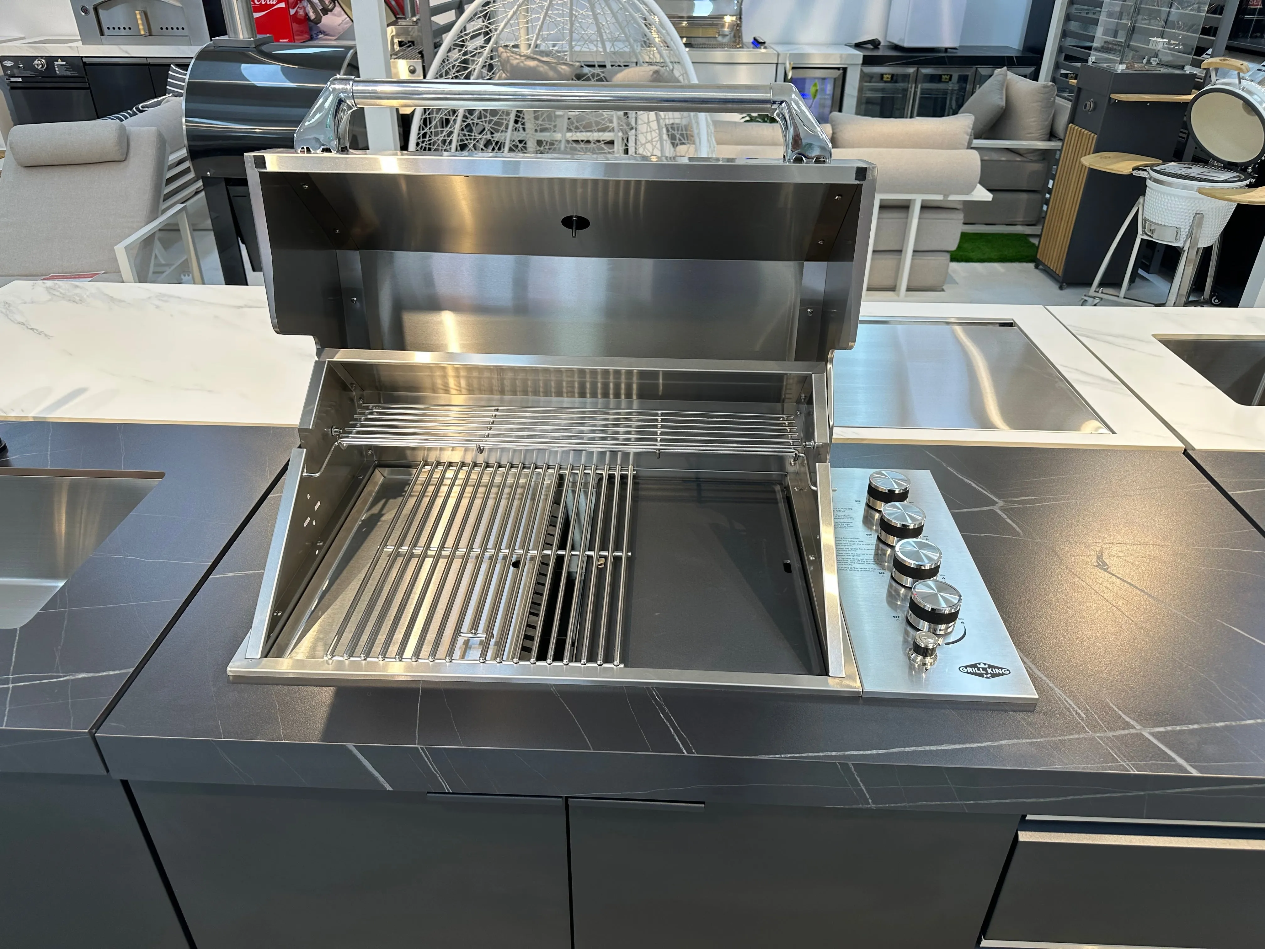 Rockpool 4B Flat Hood BBQ Kitchen | Teppanyaki BBQ Kitchen Package with Hampton Style White Cabinets, Stainless Steel Flat Hood, Fridge and Sink