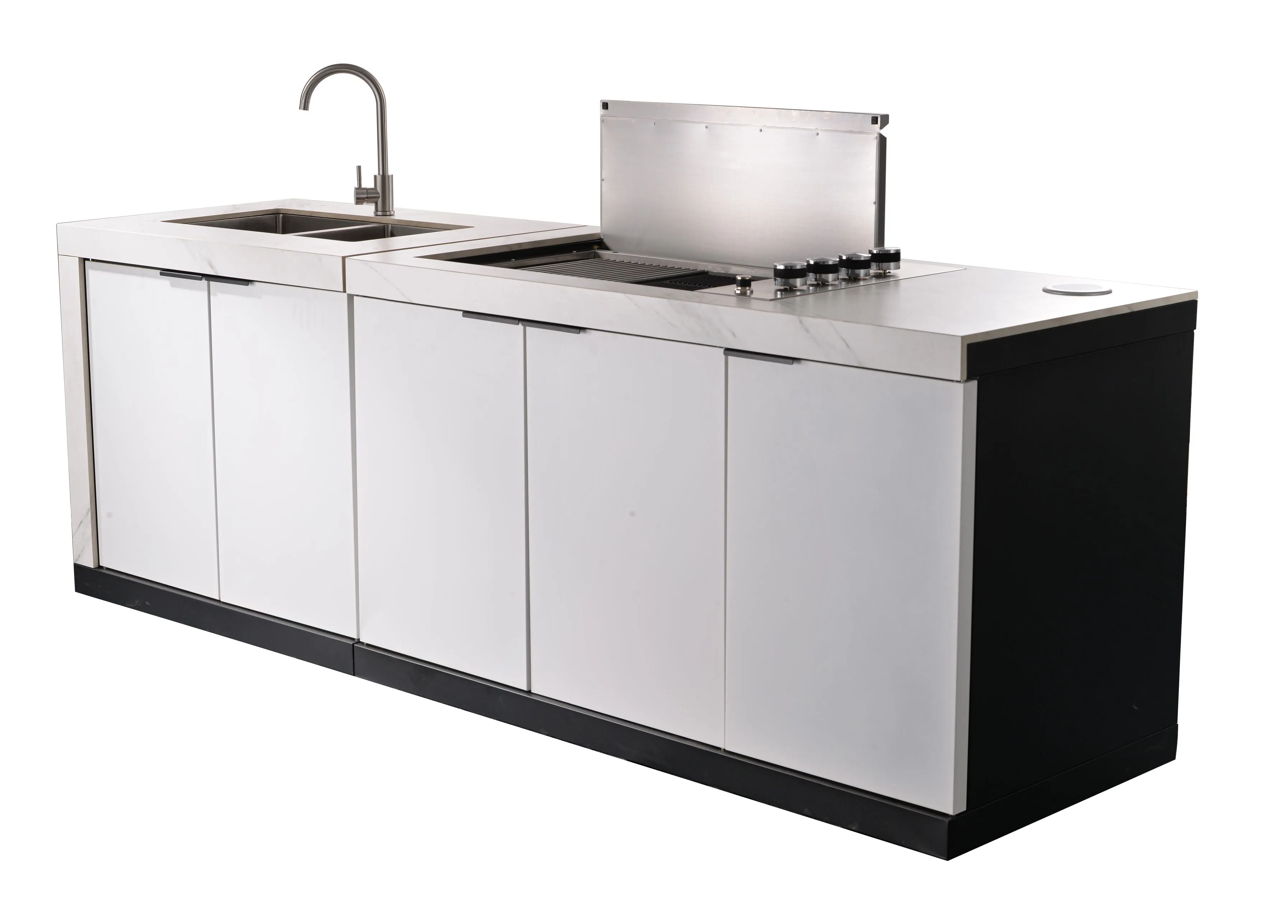 Rockpool 4B Flat Hood BBQ Kitchen | Teppanyaki BBQ Kitchen Package with Hampton Style White Cabinets, Stainless Steel Flat Hood, Fridge and Sink