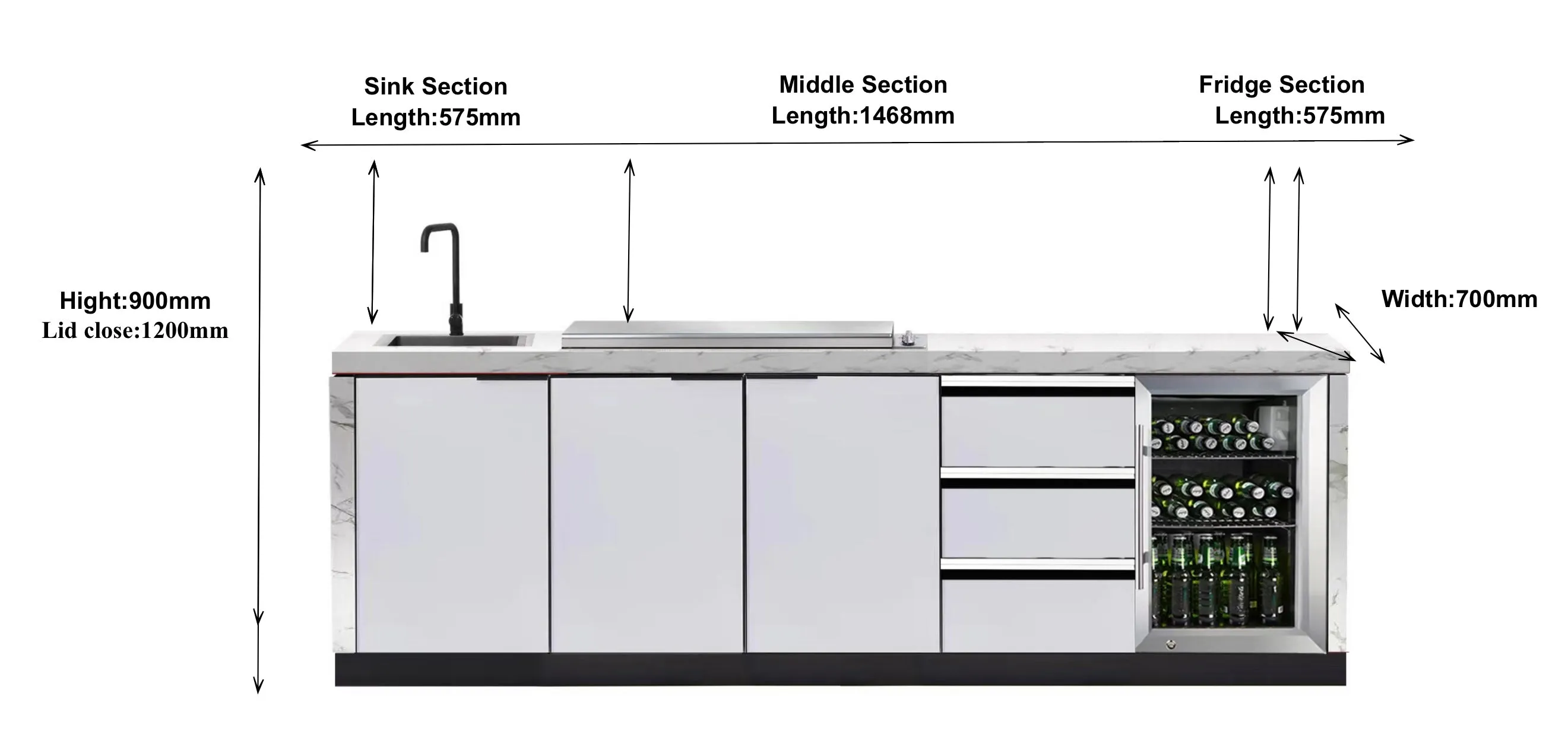 Rockpool 4B Flat Hood BBQ Kitchen | Teppanyaki BBQ Kitchen Package with Hampton Style White Cabinets, Stainless Steel Flat Hood, Fridge and Sink