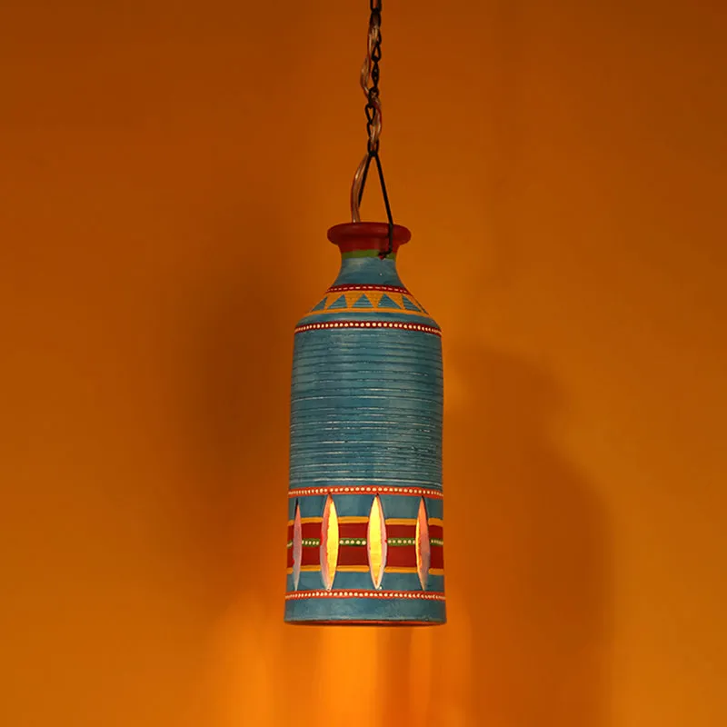 'The Light Carrier' Terracotta Pendant Cum Hanging Lamp In Azure Blue