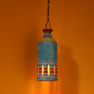 'The Light Carrier' Terracotta Pendant Cum Hanging Lamp In Azure Blue