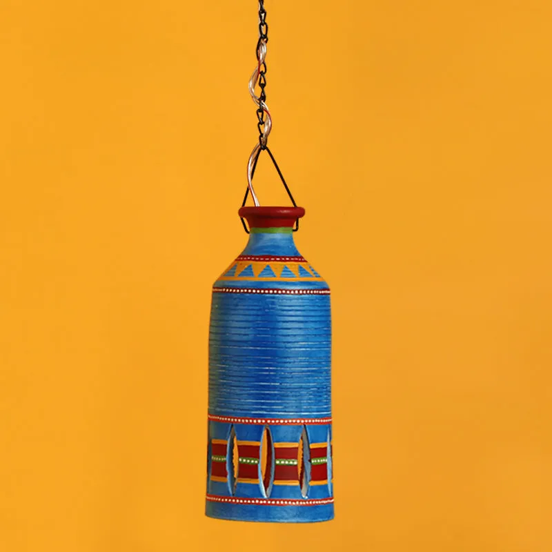 'The Light Carrier' Terracotta Pendant Cum Hanging Lamp In Azure Blue