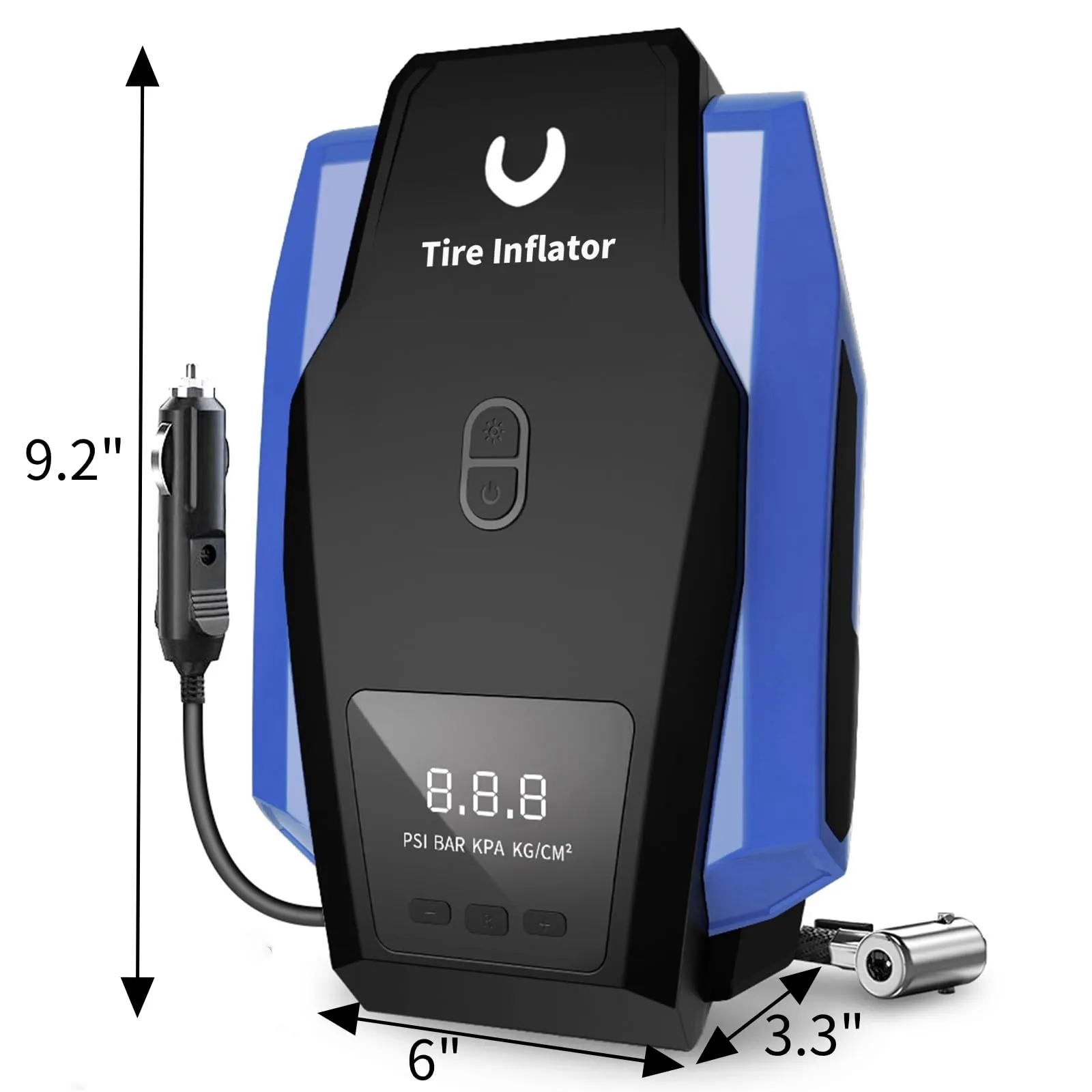 Tire Inflator Portable Air Compressor - Air Pump for Car Tires - 12V DC Compact Tire Pump with Auto Shutoff Function - Multipurpose Car Accessory with LED Light, Blue, Large